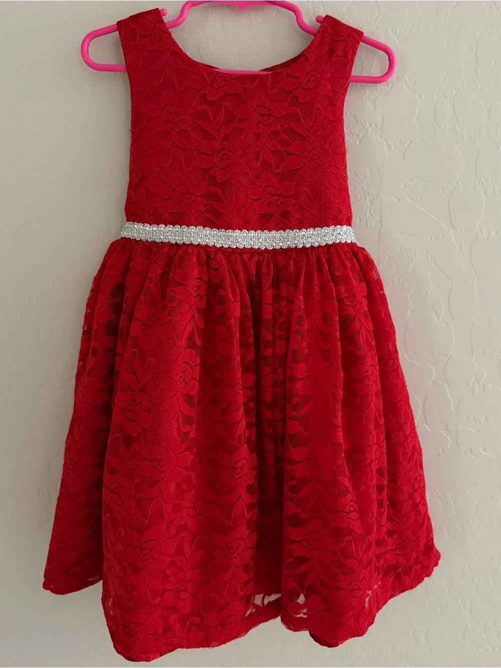 Nannette Red Lace Party Dress with Rhinestone Waist Trim